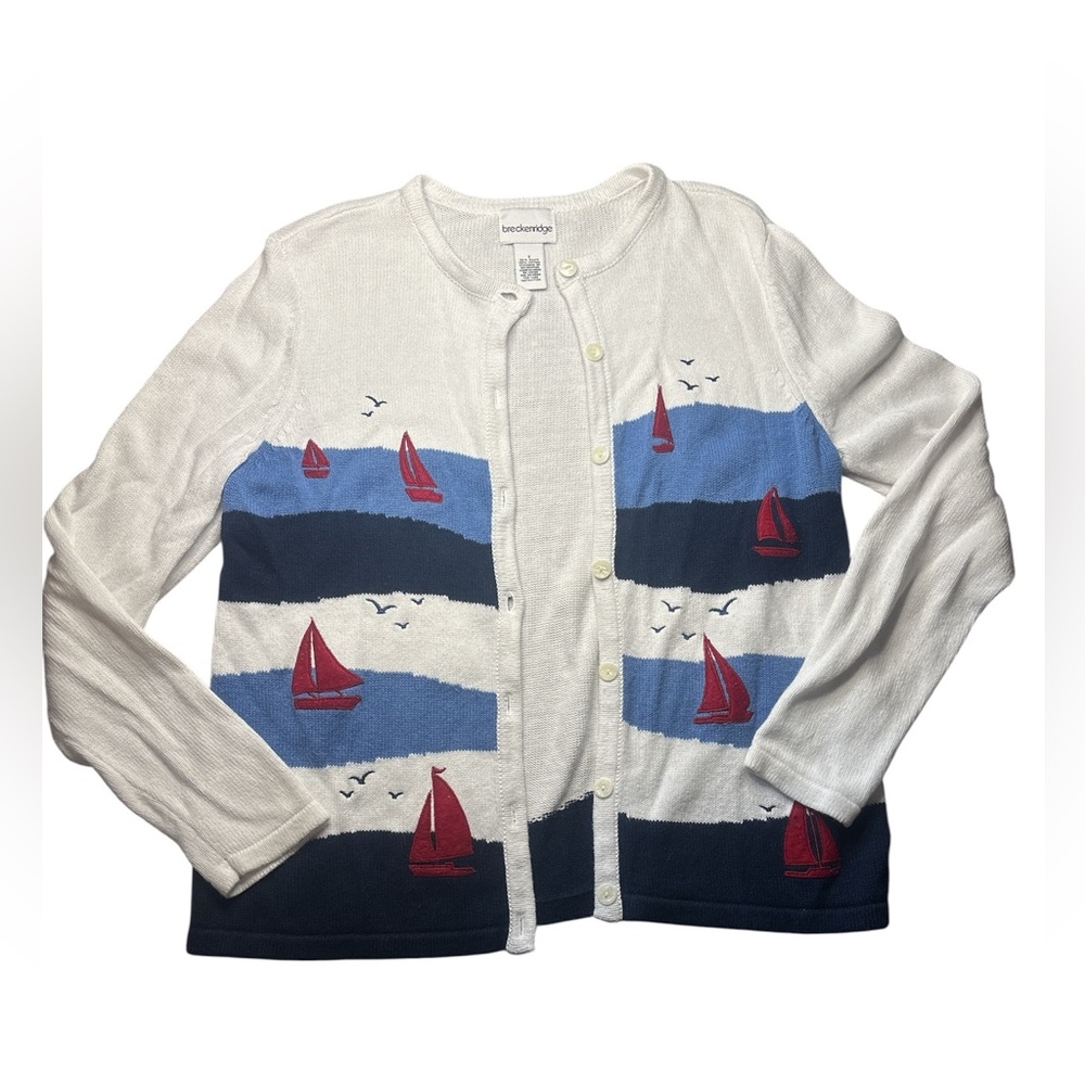 Vintage Breckenridge Nautical Sailboat Embroidered Cardigan Sweater Blue/White